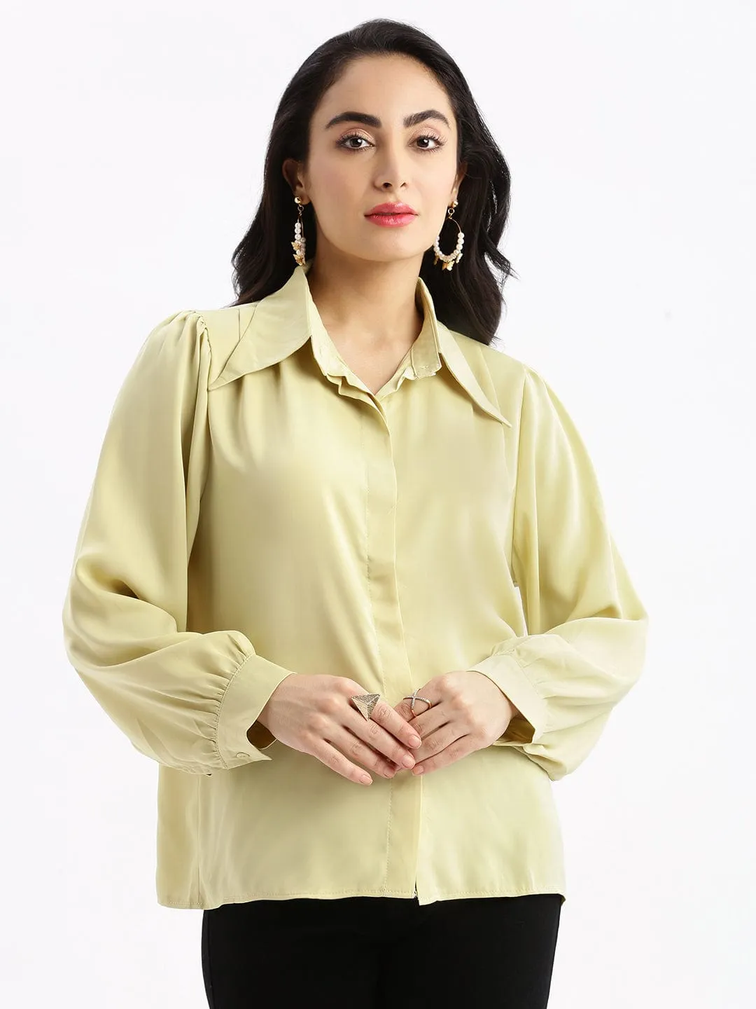 Clean Cut Women's Green Standard Boxy Opaque Casual Shirt