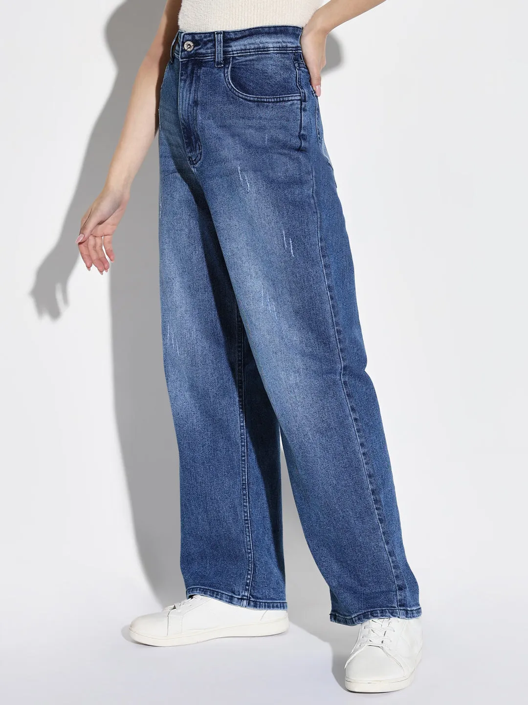 Morning Stroll Outdoor Adventure Date Night Women's Blue Comfort Wide Leg Low Distress Light Fade Acid Wash Stretchable Jeans