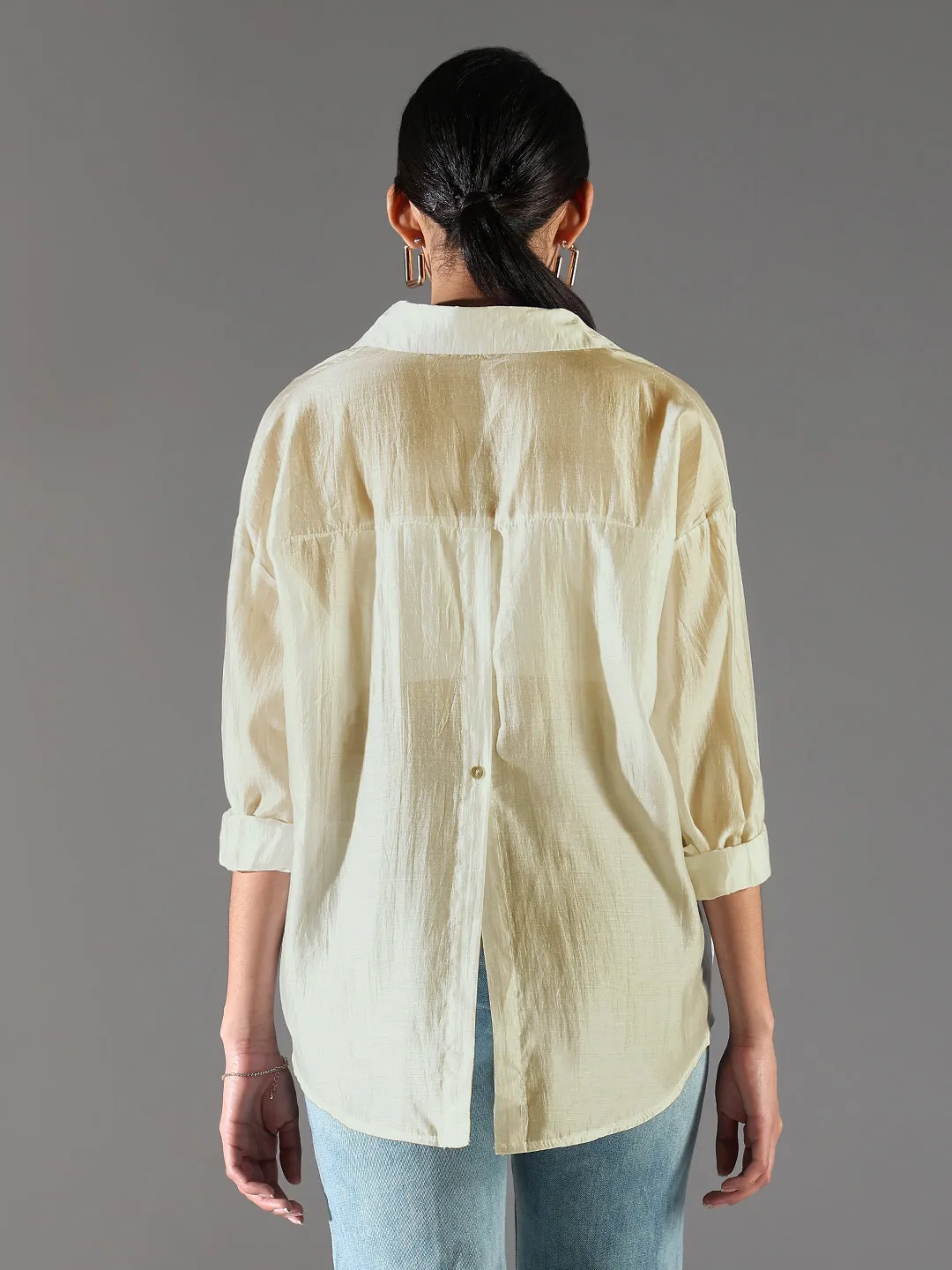 Relaxed Look Chilly Day Comfort Women's Green Solid Oversized Shirt