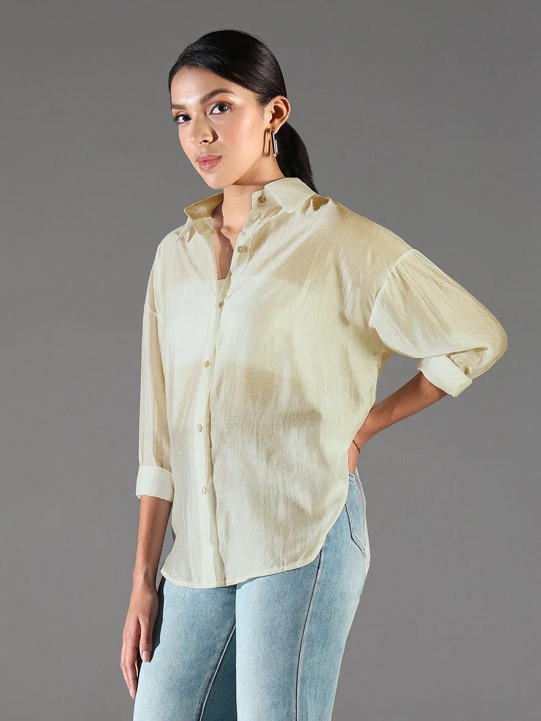 Trendy Basics Anti Shrinkage Treatment Women's Green Solid Oversized Shirt