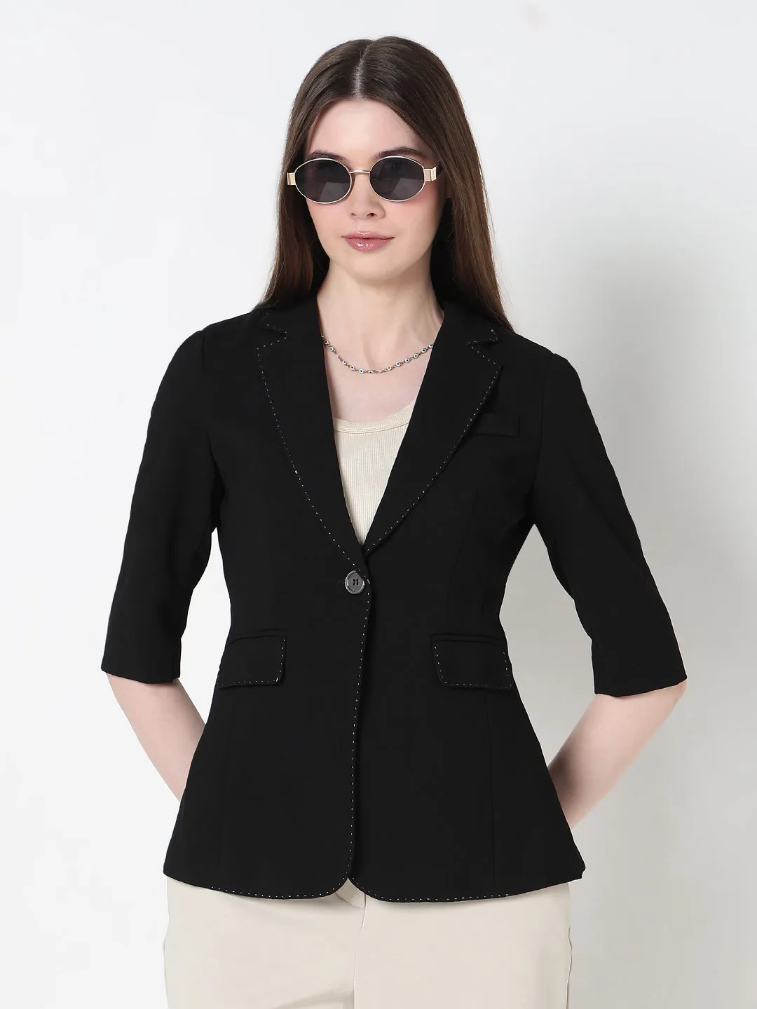 UV Protection Finish Women's Black Single Breasted Blazer with stitch detail