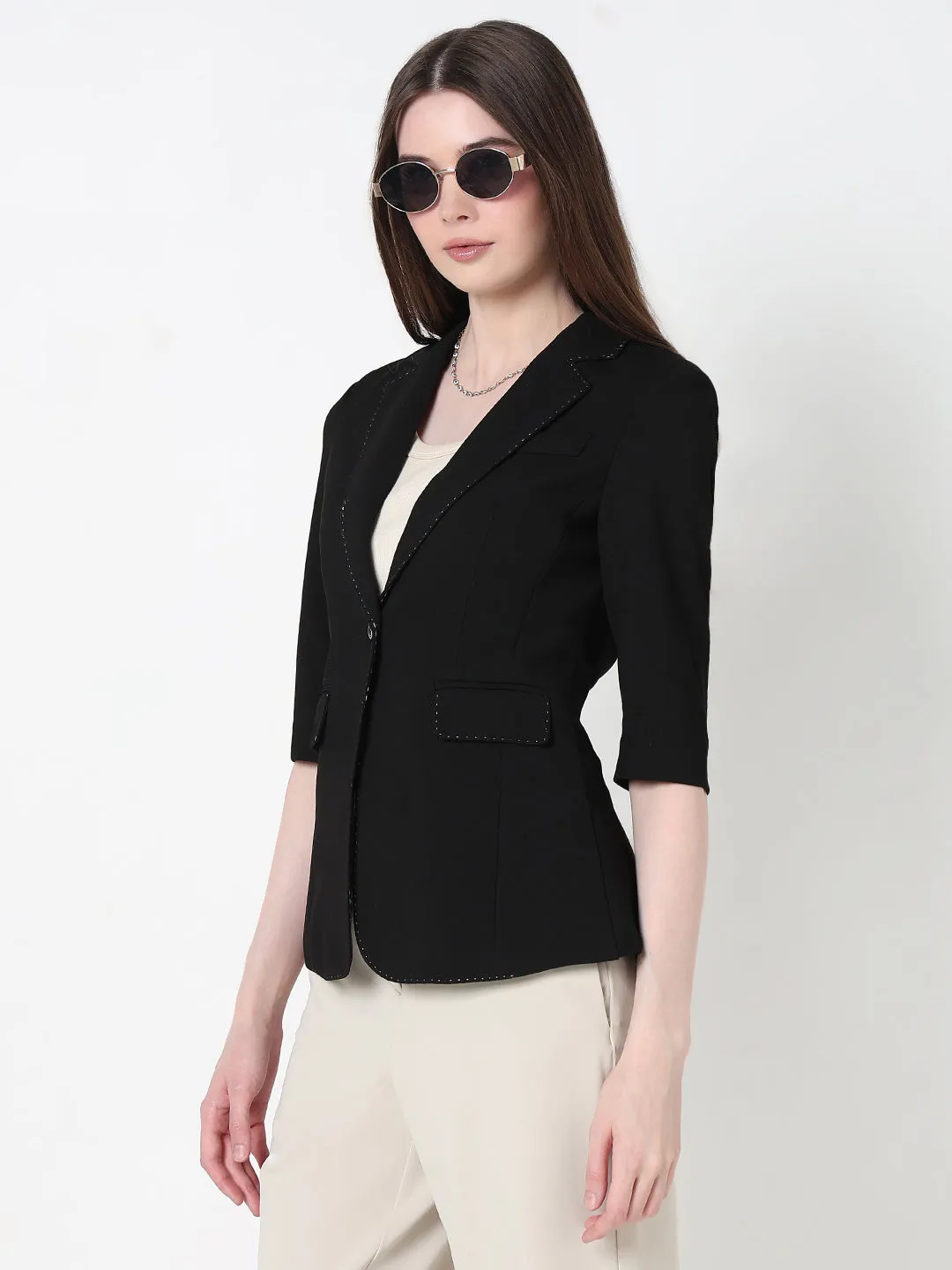 wrinkle free finish Women's Black Single Breasted Blazer with stitch detail