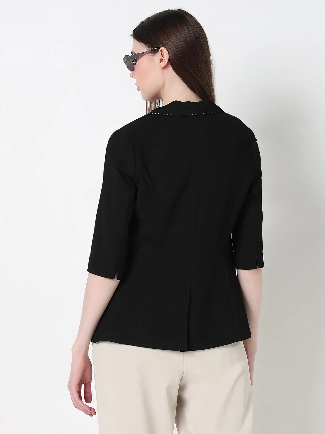 Women's Black Single Breasted Blazer with stitch detail OdorResistant Treatment Stretchable Material