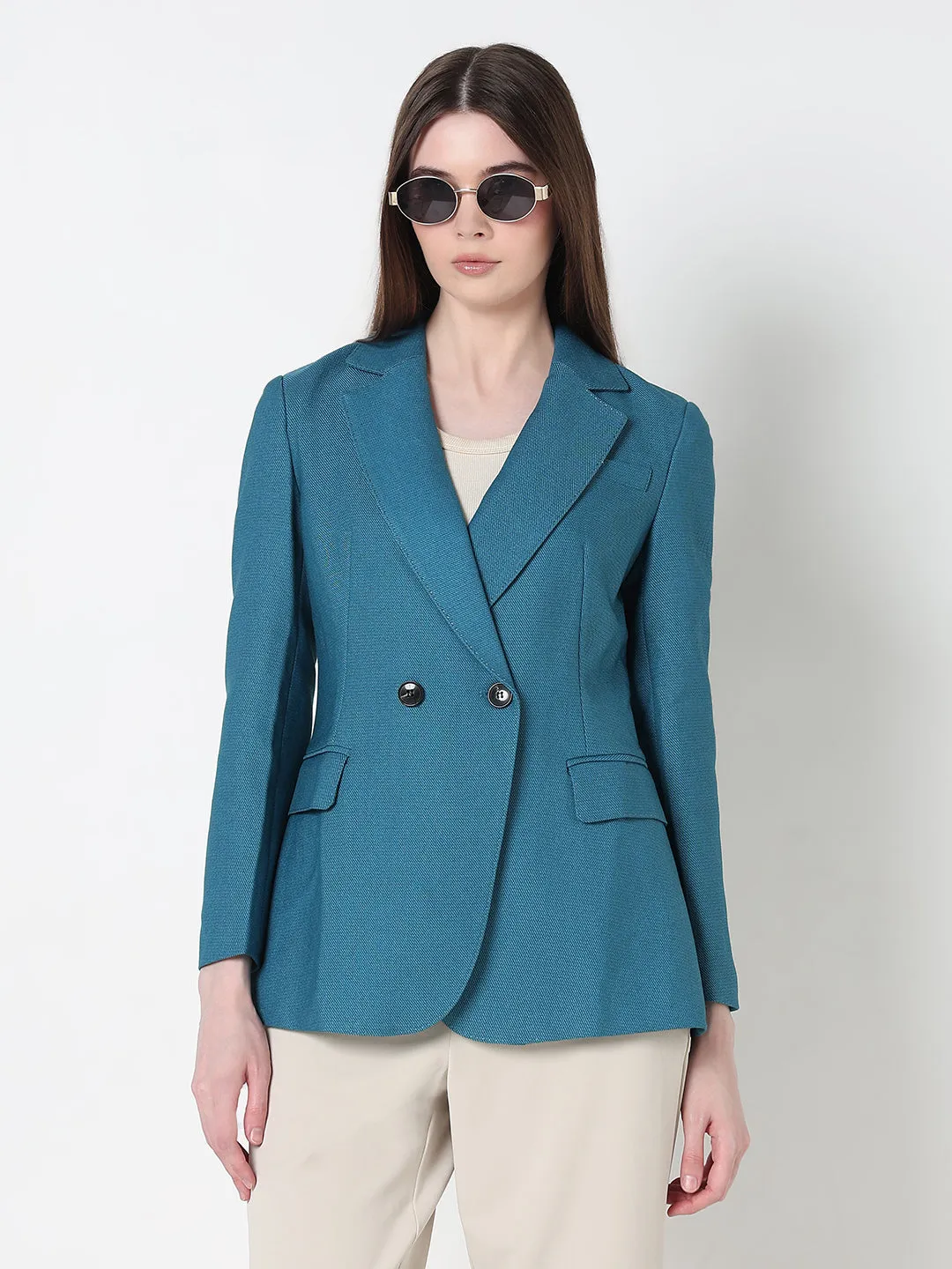 Polarized Sun Protection Soft Fleece Interior Women's Teal Tailored Double Breasted Blazer