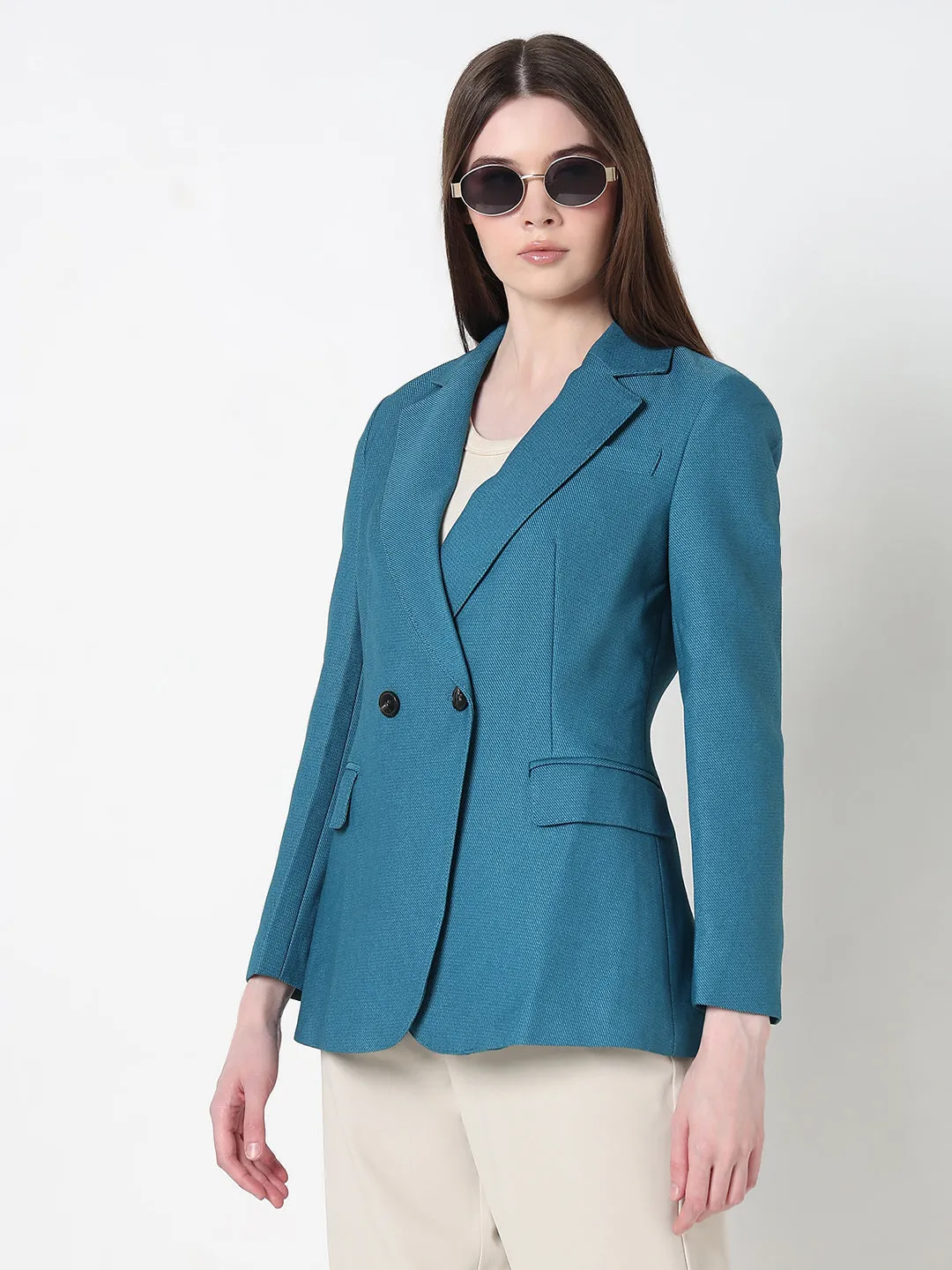Compression Packability Women's Teal Tailored Double Breasted Blazer