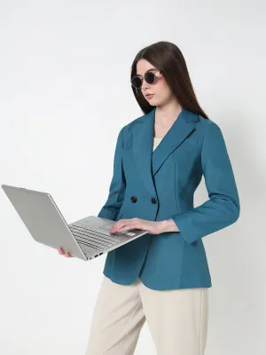 Adjustable Belt Women's Teal Tailored Double Breasted Blazer