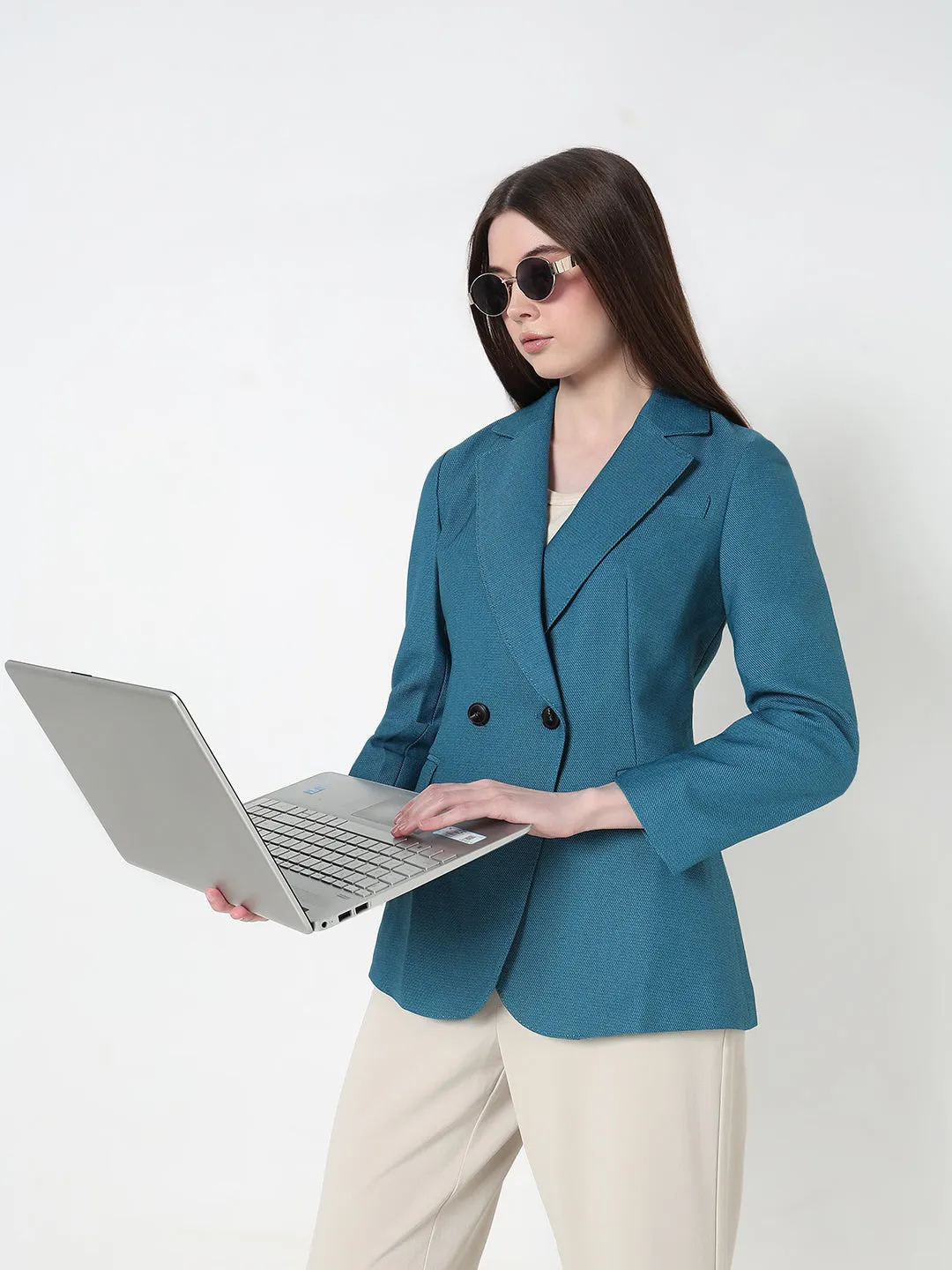 Adjustable Belt Women's Teal Tailored Double Breasted Blazer