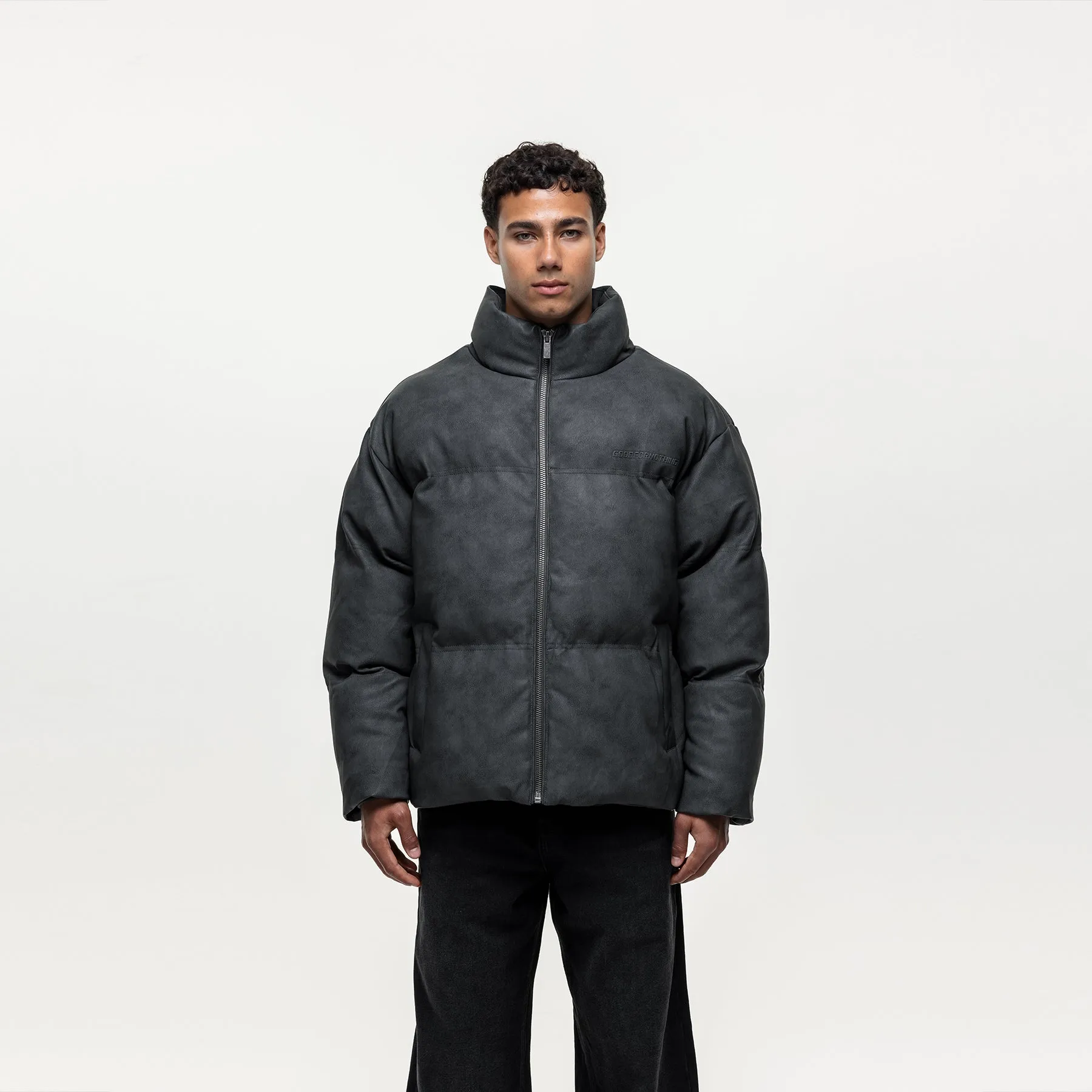 Elasticized Edging Soft Interior Brushing Vintage Black Leather Puffer Coat