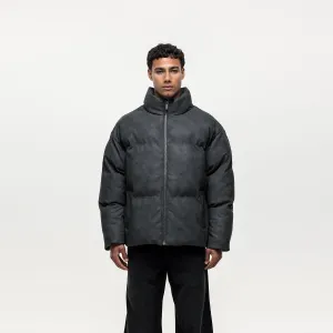 Elasticized Edging Soft Interior Brushing Vintage Black Leather Puffer Coat