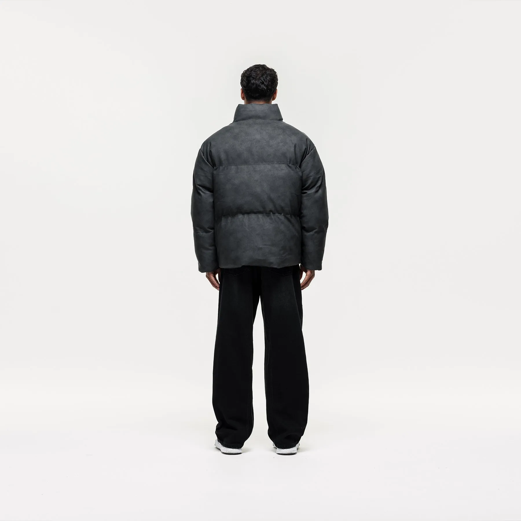 Vintage Black Leather Puffer Coat Airy Cloth Collapsible Packable Design