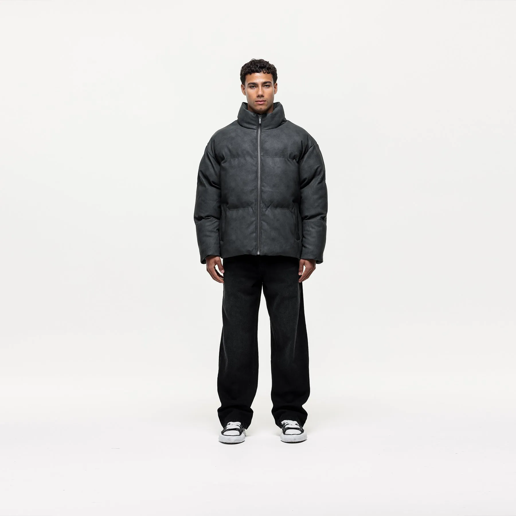 Detachable Hood Flexible Armholes Vintage Black Leather Puffer Coat