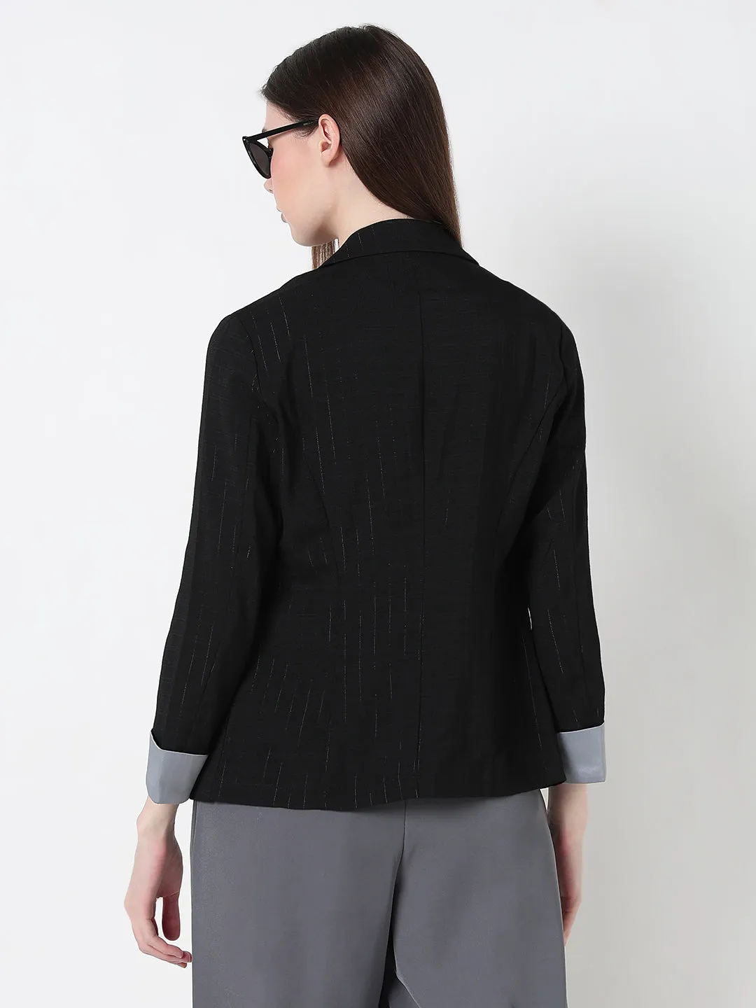 Women's Black Single Breasted Pin stripe Blazer with Contrast Cuff WindResistant Coating