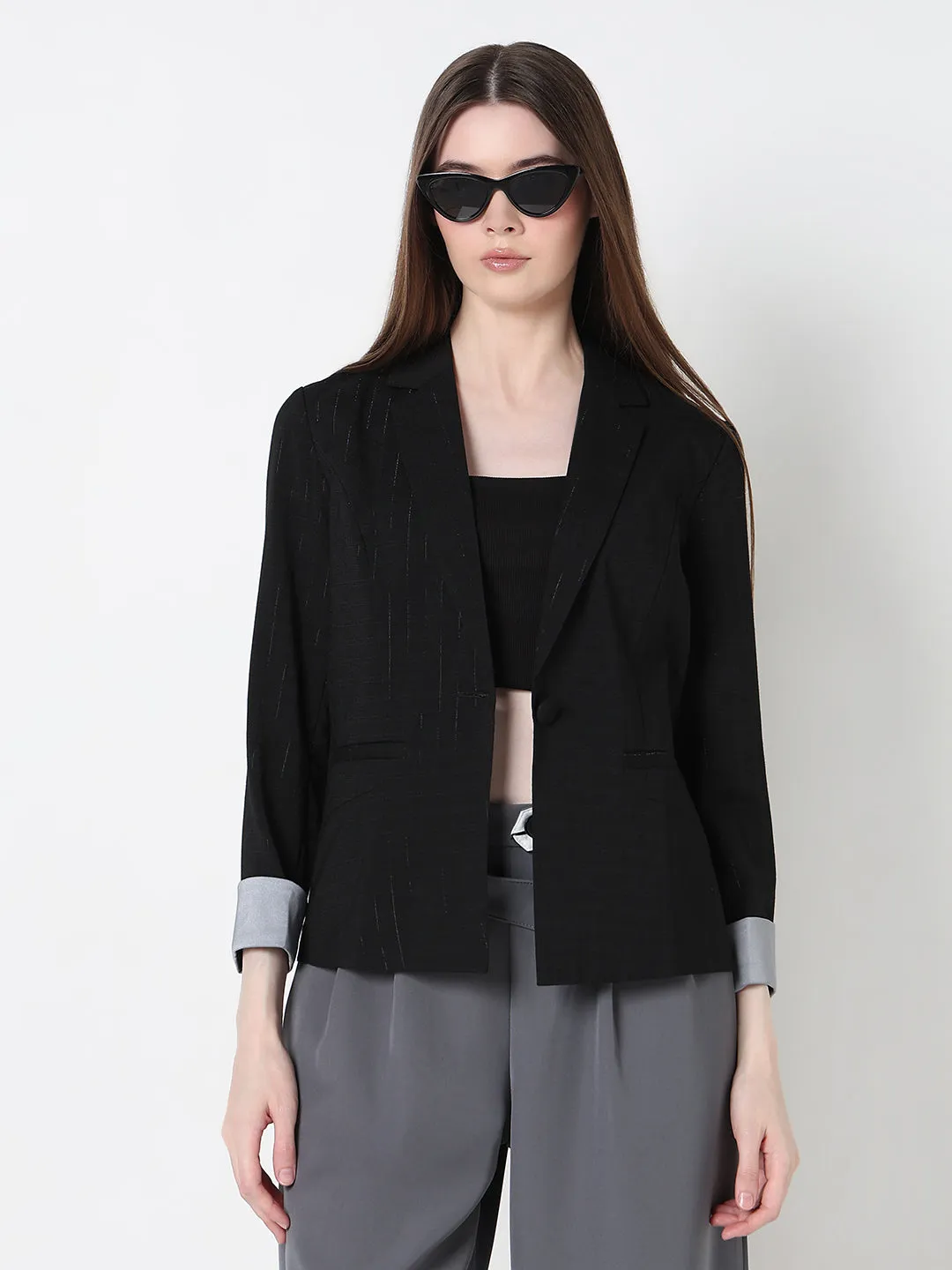 Convertible Features Women's Black Single Breasted Pin stripe Blazer with Contrast Cuff