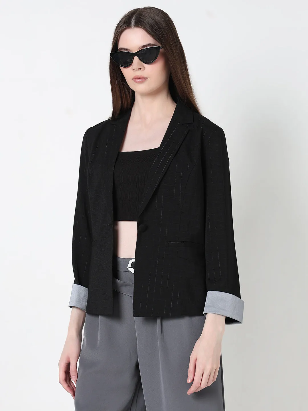 Women's Black Single Breasted Pin stripe Blazer with Contrast Cuff Casual City Comfy Street Piece