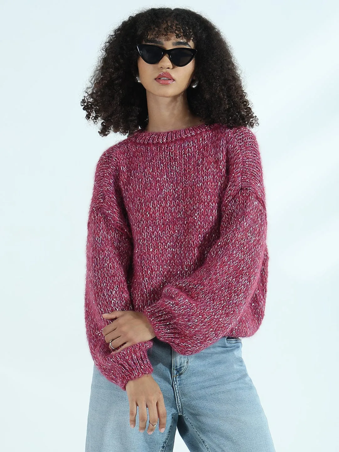 Women's Pink Oversized Sweater with Silver Detail FrictionResistant Sleeves muted tone
