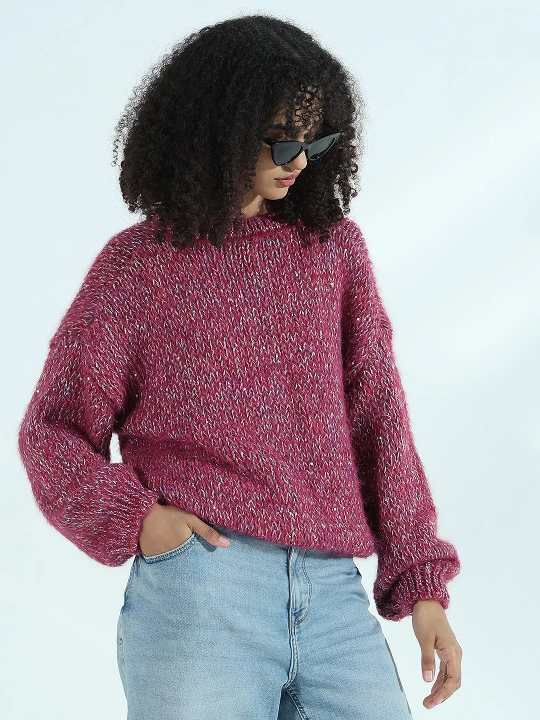 Double Layered Collar Women's Pink Oversized Sweater with Silver Detail