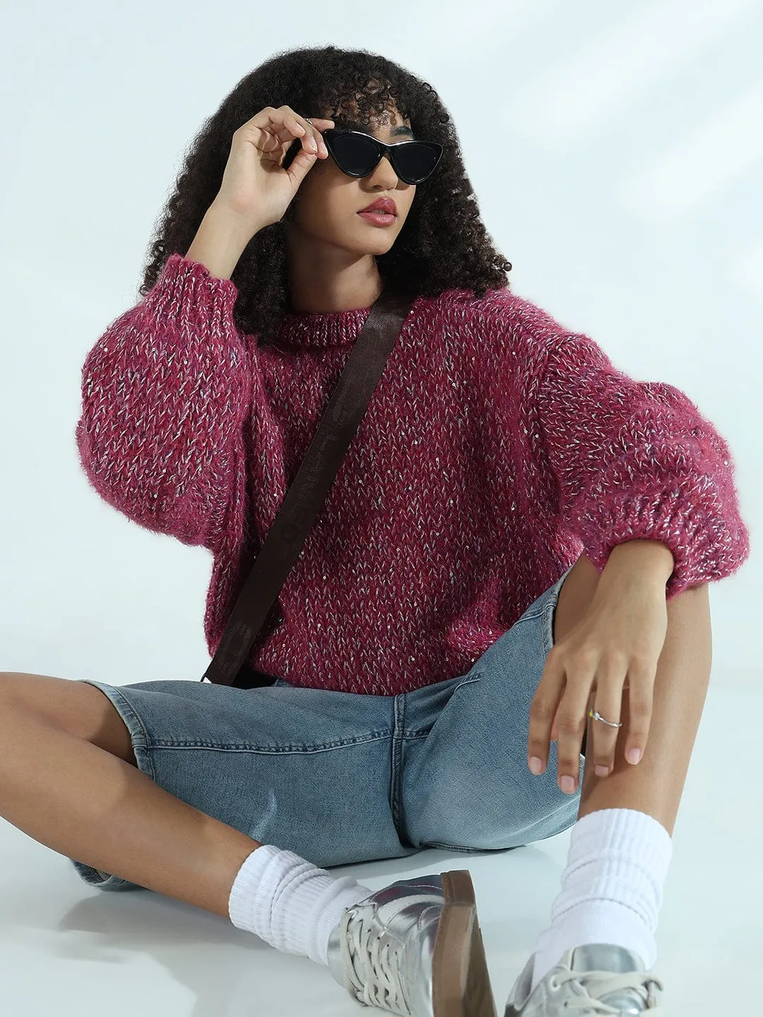Women's Pink Oversized Sweater with Silver Detail Cold Weather MoistureWicking Technology