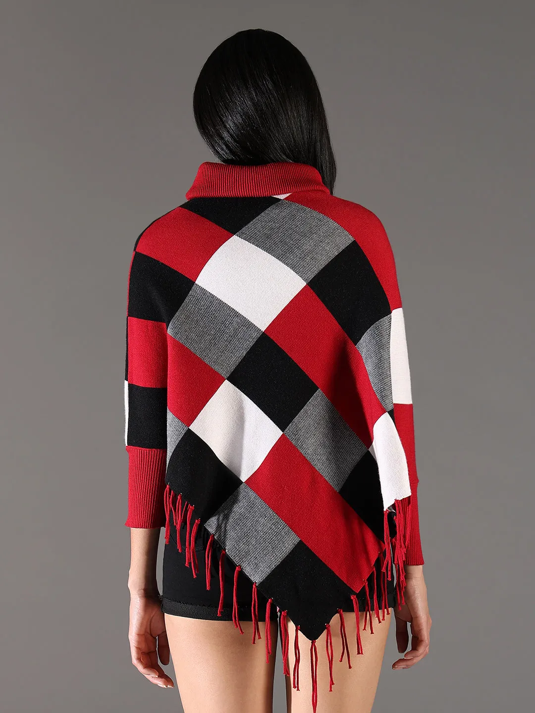 Breathable Lining Women's Checked Red Longline Poncho