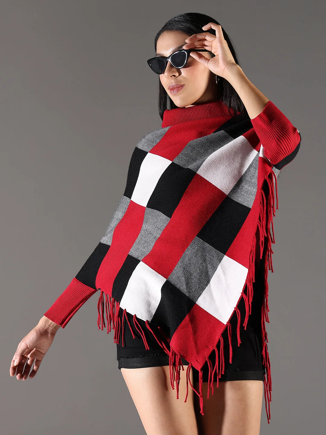 Chill Weather Breathable Texture Women's Checked Red Longline Poncho