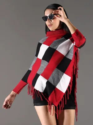 Chill Weather Breathable Texture Women's Checked Red Longline Poncho