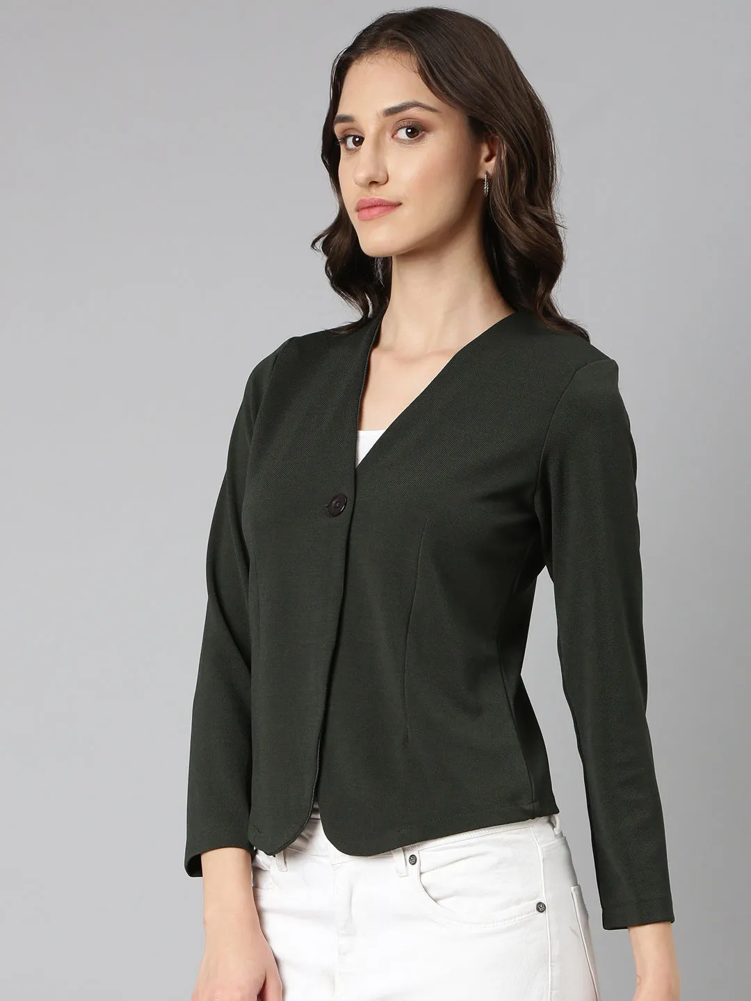 Women's Olive Solid Blazer Adjustable hood design