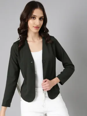 Women's Olive Solid Blazer Hypoallergenic Fiber Filling