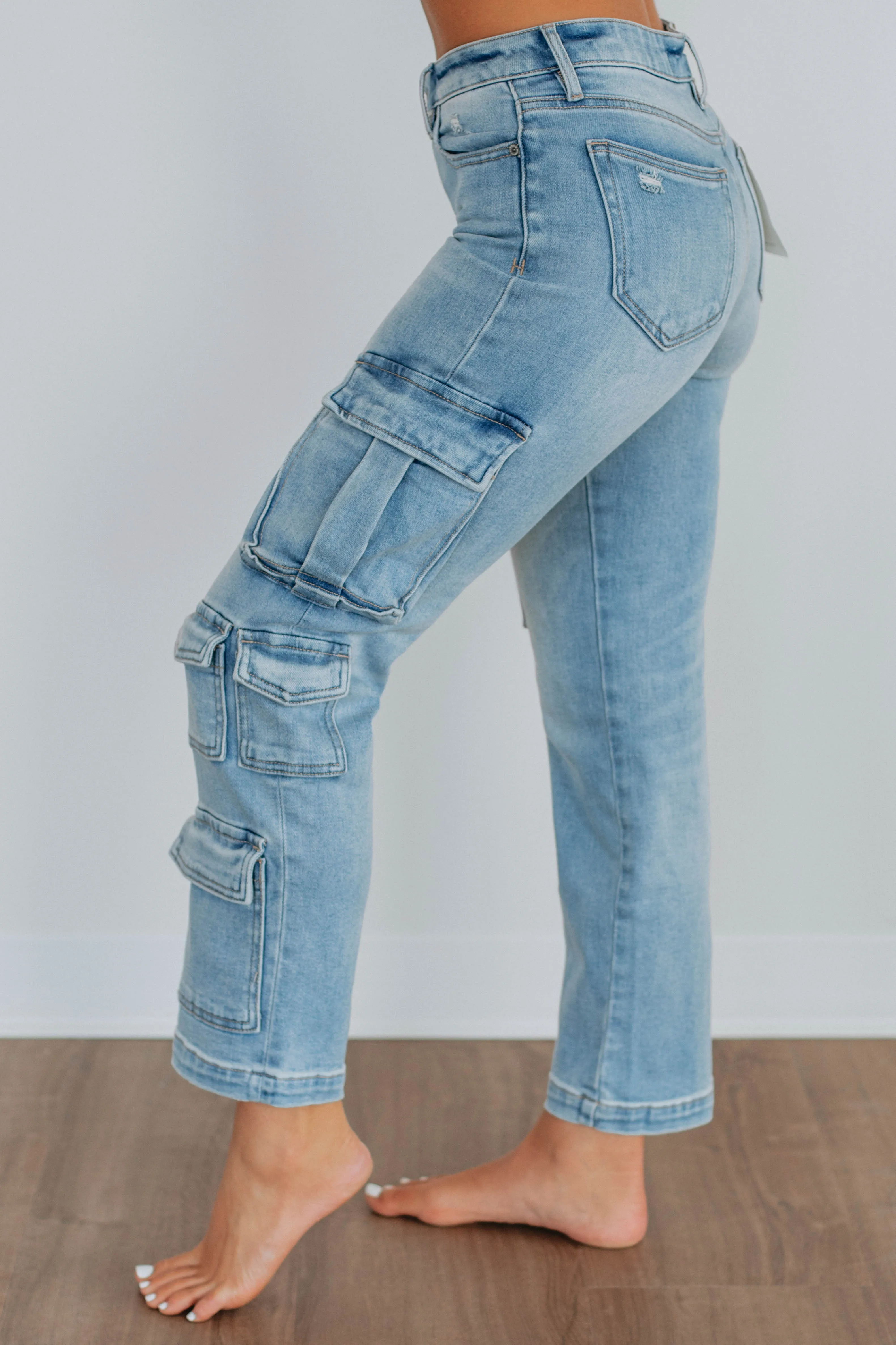 Customizable length Rainy Day Brunch Outfit Tracey Hidden Cargo Jeans - Light Wash