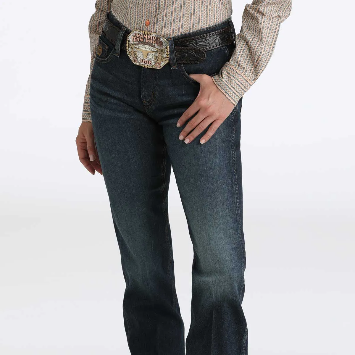 Cinch Women's Performance Classic Boot Cut Jean in River Blue Stretch Road Trip Brunch Outfit Traveler Gear Bold Look