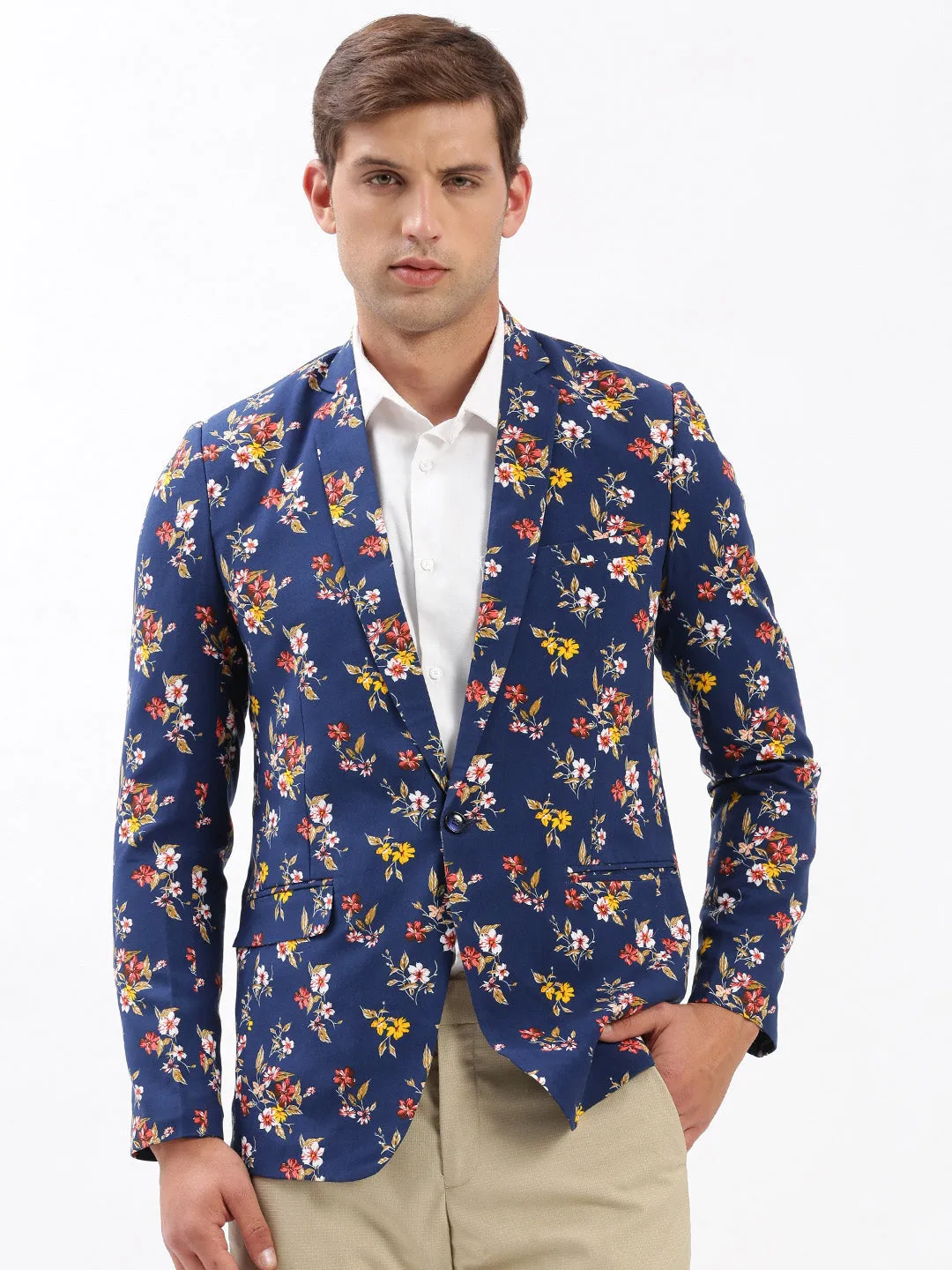 Modern Functional Design Men's Navy Blue Slim-Fit Floral Printed Chambray Notched Lapel Single Breasted Blazer