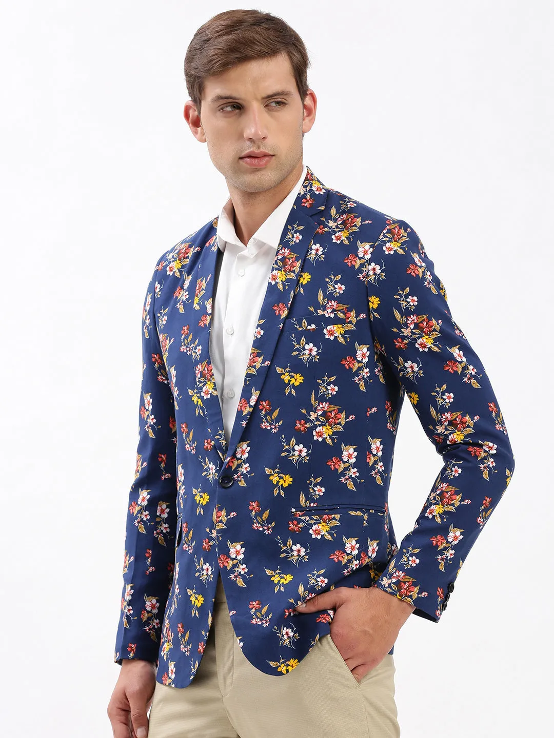 Reflective details Reflective accents Men's Navy Blue Slim-Fit Floral Printed Chambray Notched Lapel Single Breasted Blazer