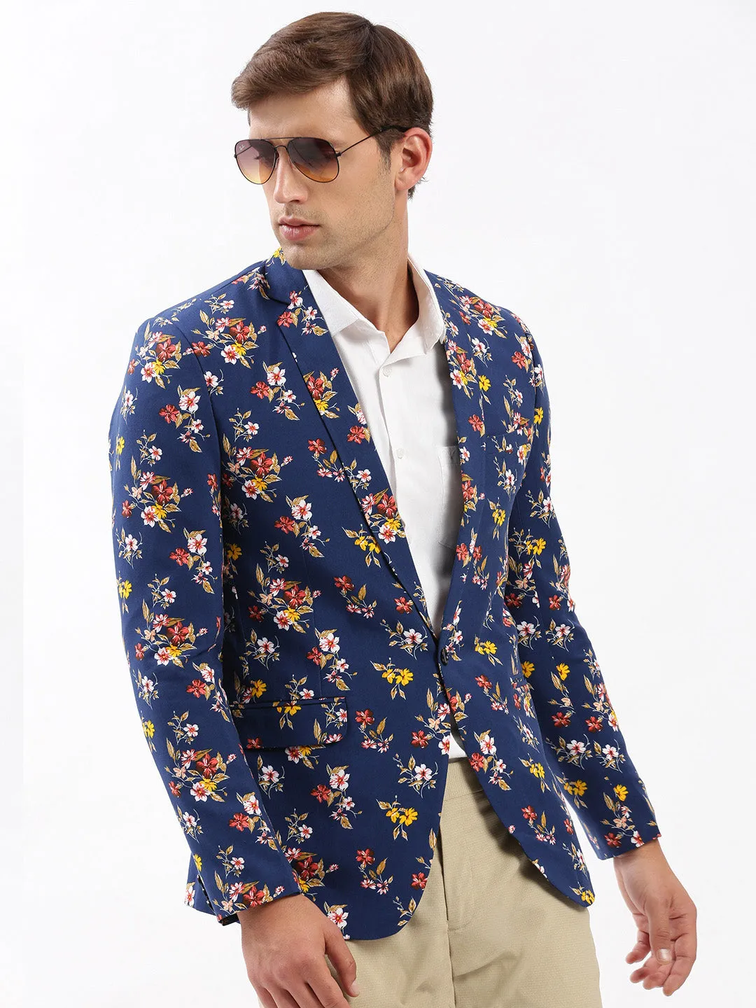 Men's Navy Blue Slim-Fit Floral Printed Chambray Notched Lapel Single Breasted Blazer Rainy Day Option Transitional Wear