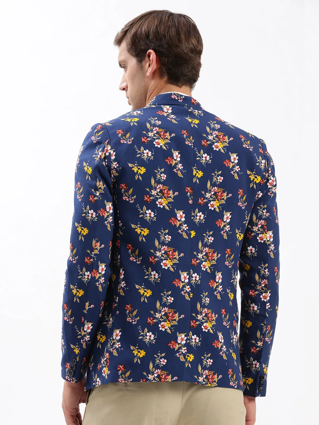 Men's Navy Blue Slim-Fit Floral Printed Chambray Notched Lapel Single Breasted Blazer Double Stitch Seams