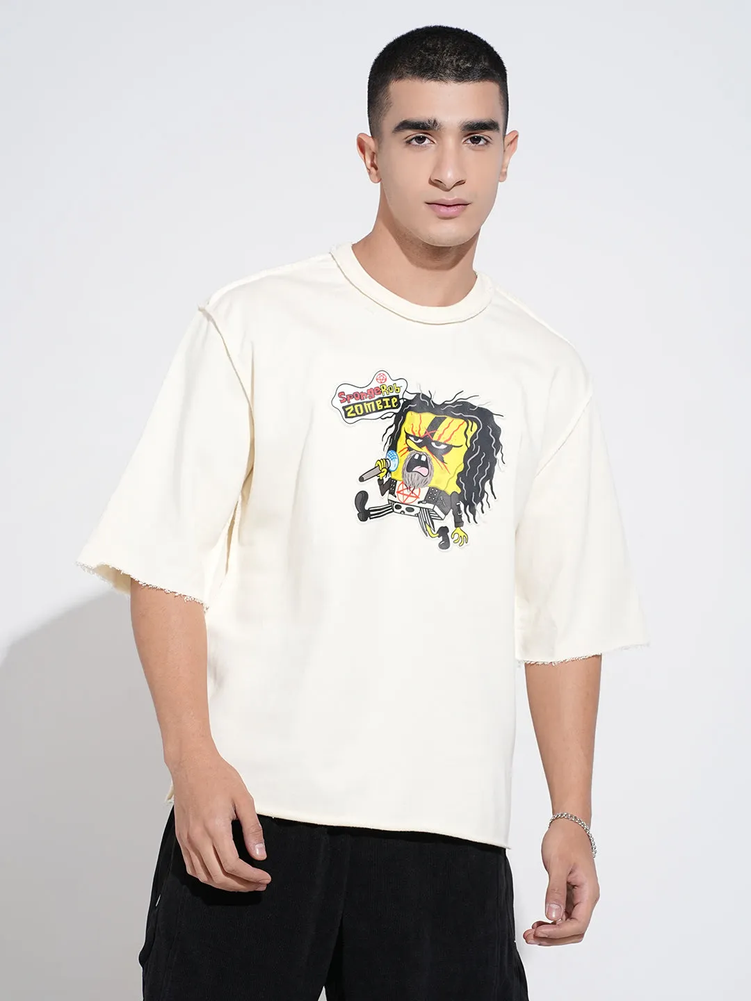 Comfortable Layer informal gathering Men's Graphic Print Cream Round Neck Oversized T-Shirt
