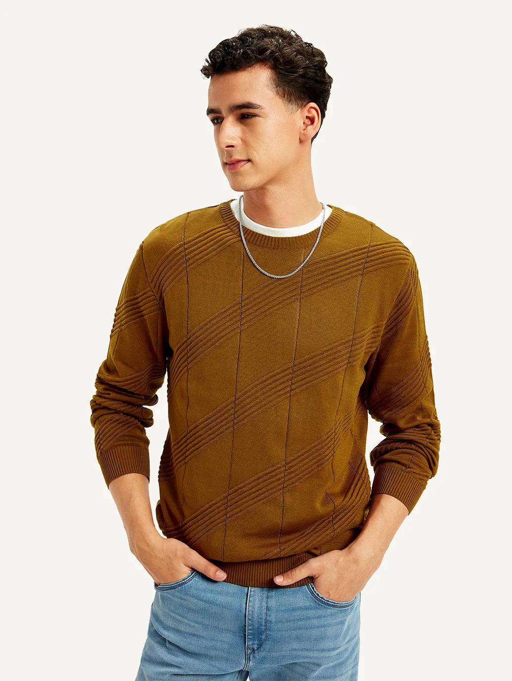 Bamboo Fiber Composition Versatile Trend Men's Redloop Textured Brown Crew Neck Sweater