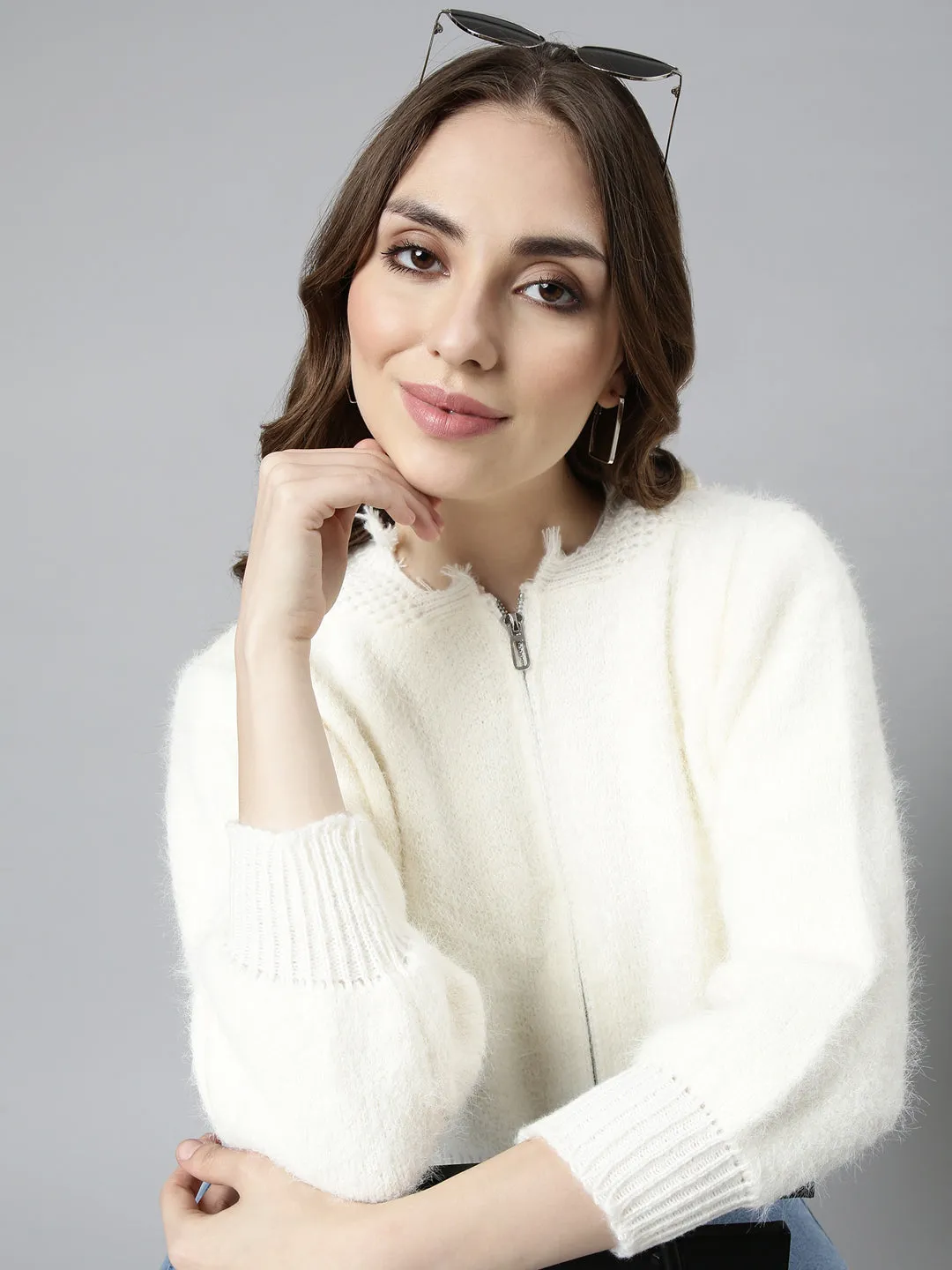 Women's Cream Hoody Crop Cardigan Thermochromic Fiber Applications Cozy Interior Fleece