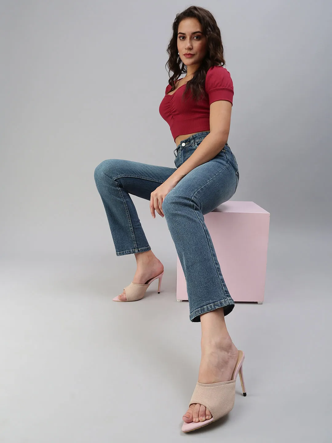 Hypoallergenic Material Composition Simple Touch Women's Blue Straight Fit High-Rise Low Distress Light Fade Stretchable Jeans