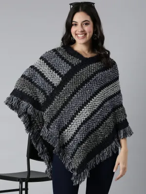 Women's Striped Navy Blue Poncho Walk In Park