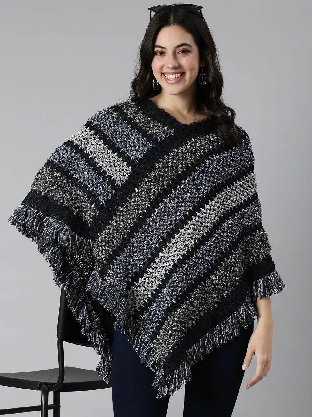 Women's Striped Navy Blue Poncho Walk In Park