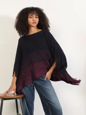 Relaxed Warmth Women's Colorblocked Navy Blue Fringed Edge Poncho