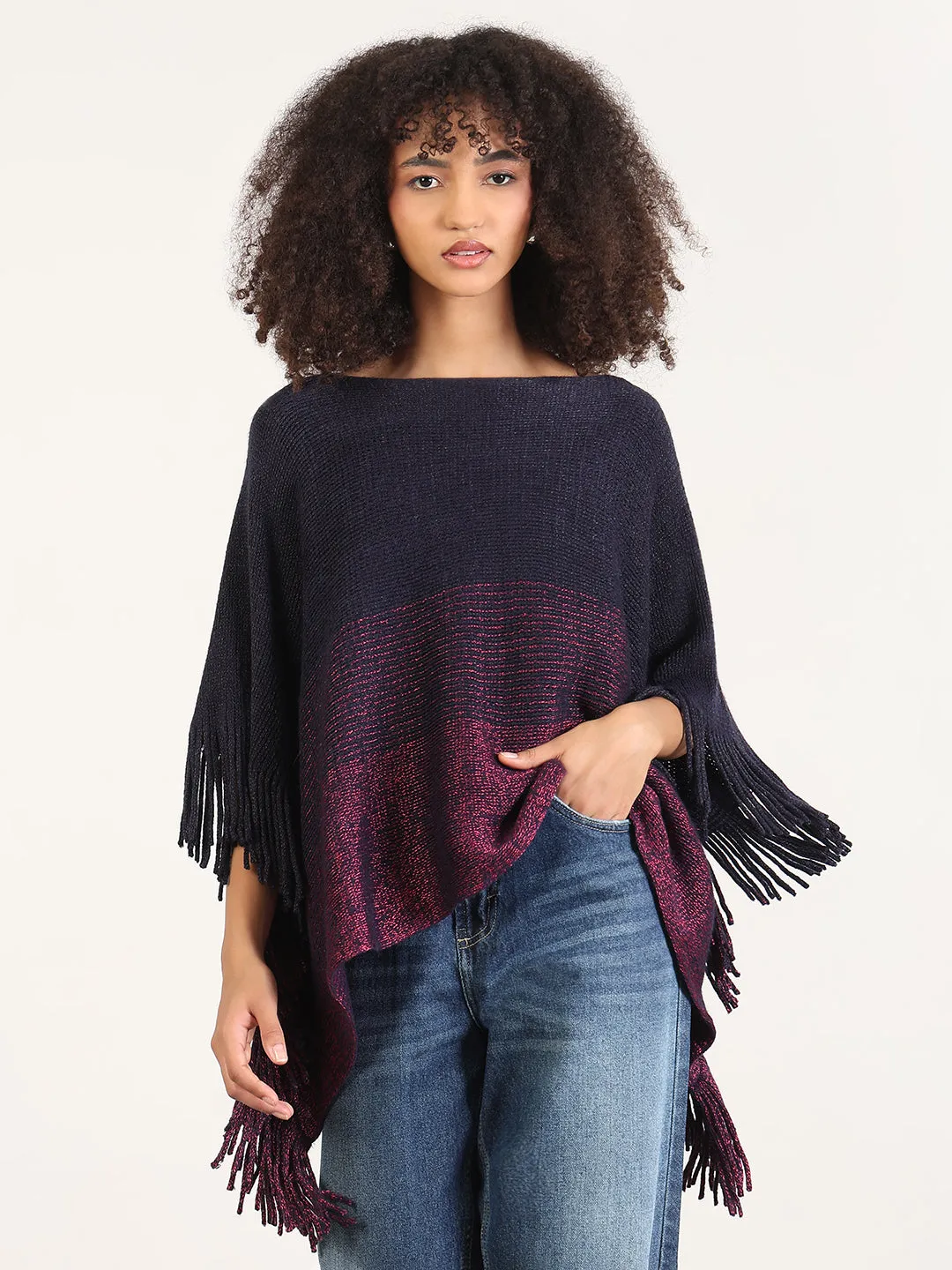 Women's Colorblocked Navy Blue Fringed Edge Poncho Hand Linked Seams Seam Free