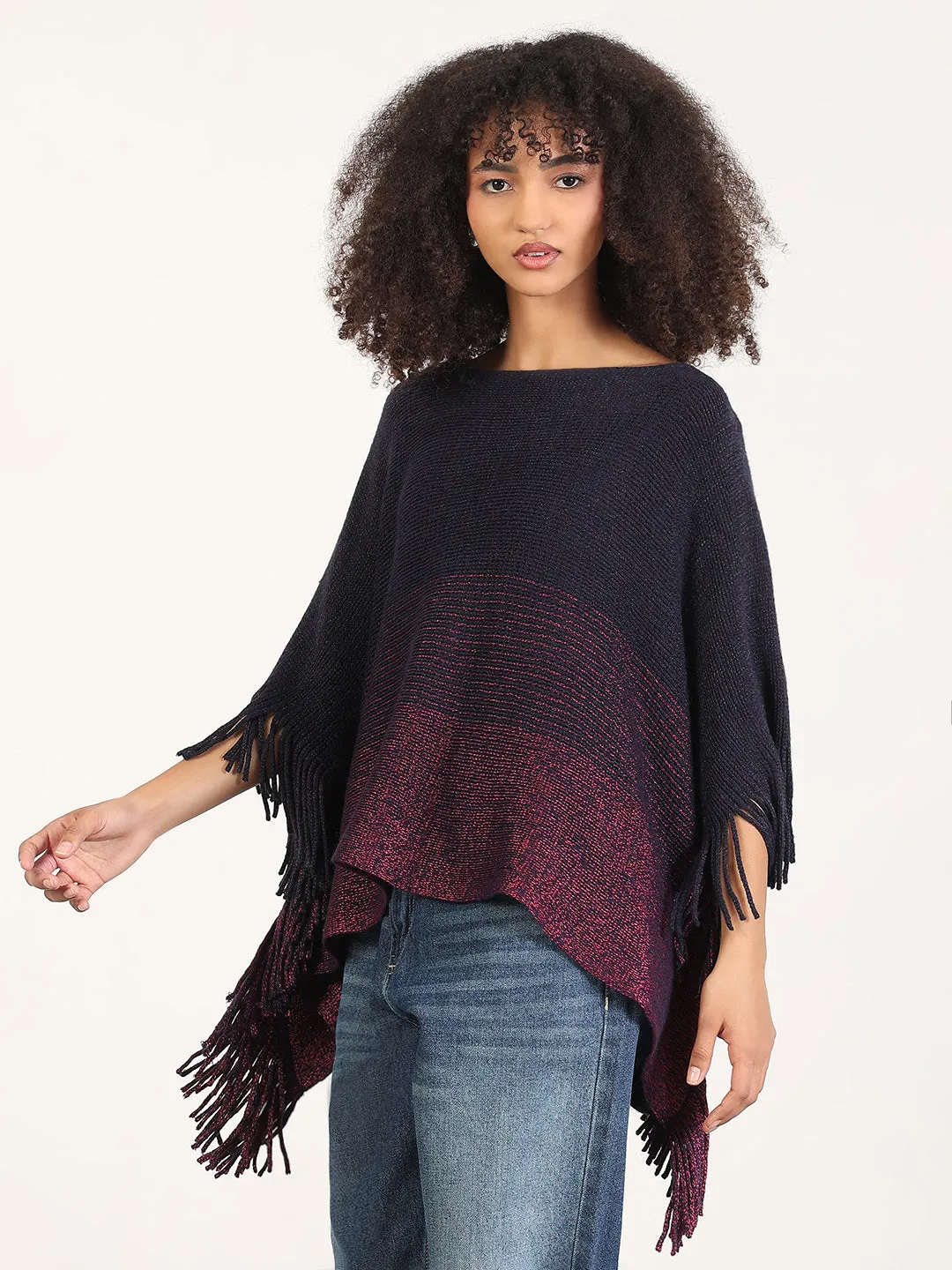 Texture Tone Gradient Colorfast Dye Women's Colorblocked Navy Blue Fringed Edge Poncho