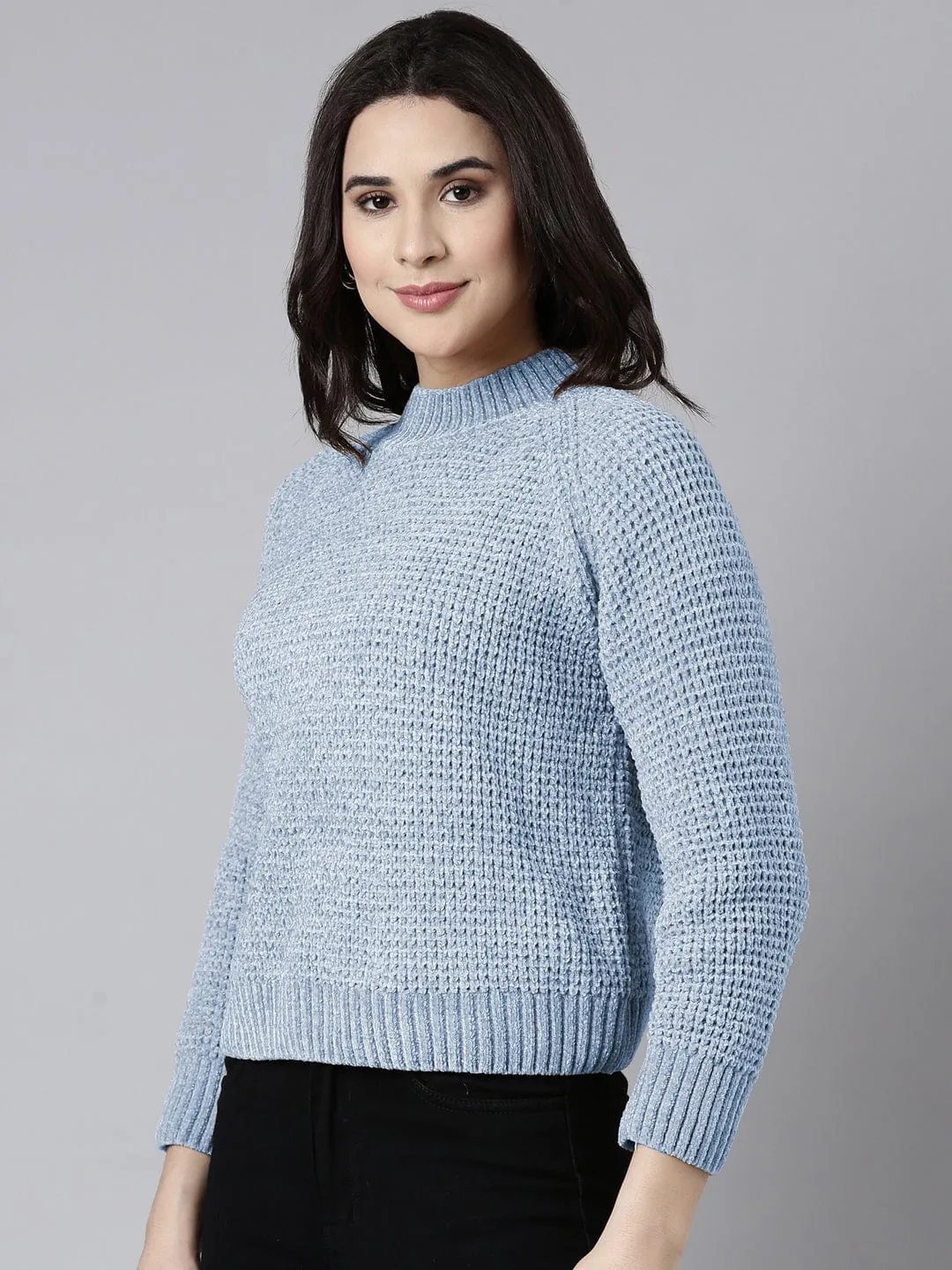 Women's Blue Textured Knit Pullover Sweater Office Casual Look
