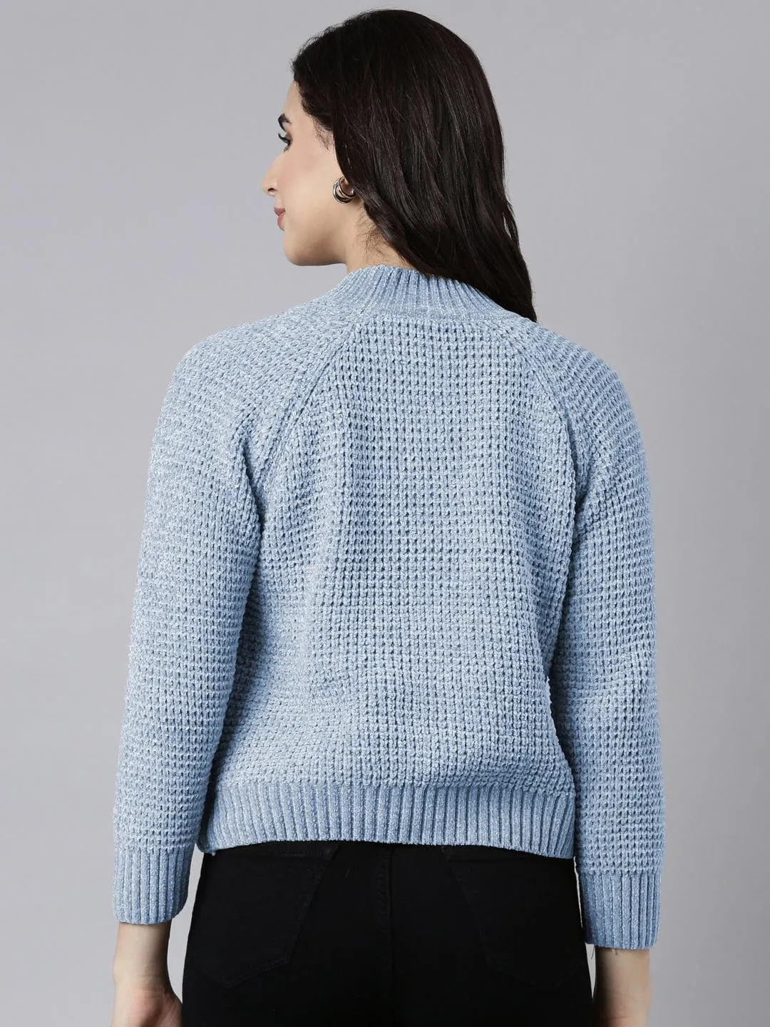 Temperature Regulating Lining Natural Fiber Construction Women's Blue Textured Knit Pullover Sweater
