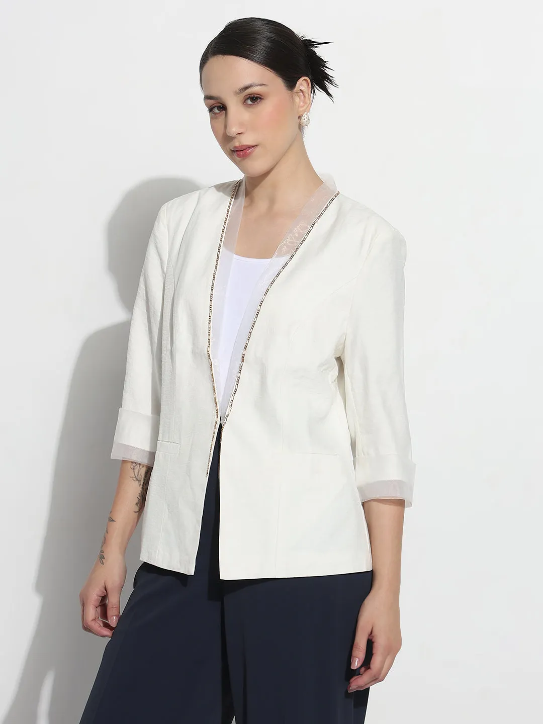 Women's Off White Single Breasted Blazer with Shoulder Pads Anti Pilling Textile