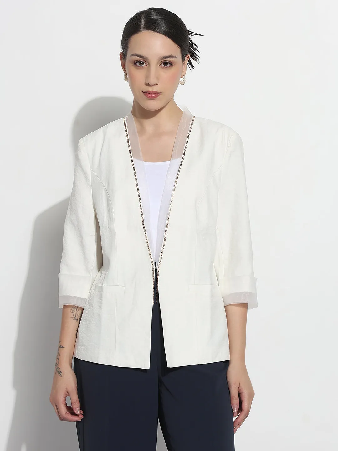 Women's Off White Single Breasted Blazer with Shoulder Pads Long Sleeves ripstop fabric