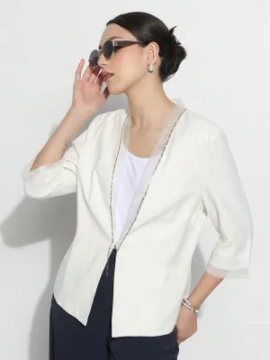 Women's Off White Single Breasted Blazer with Shoulder Pads Heat Trapping Layer
