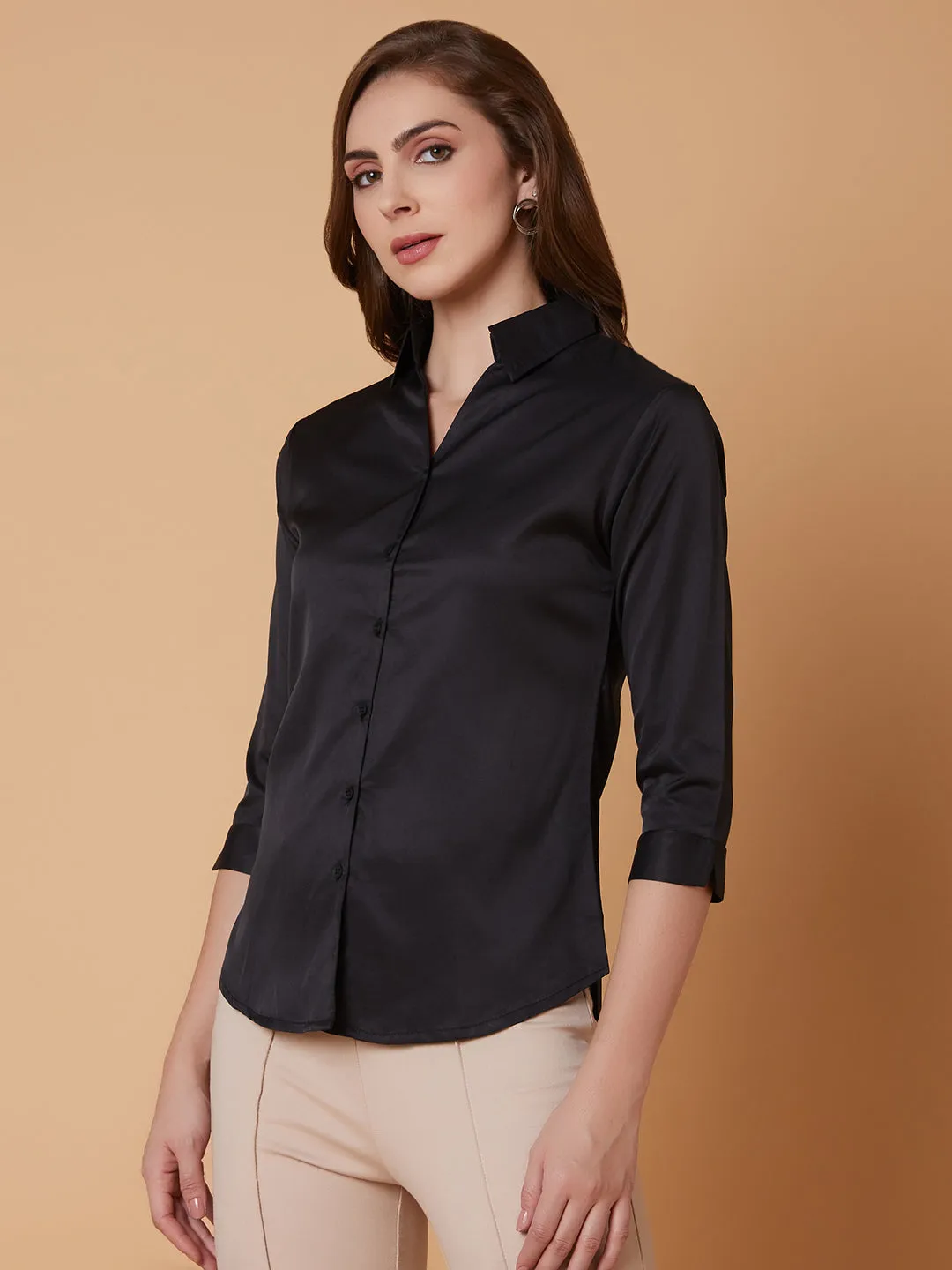 Women's Black Comfort Slim Fit Opaque Casual Shirt Street Comfort Structured silhouette