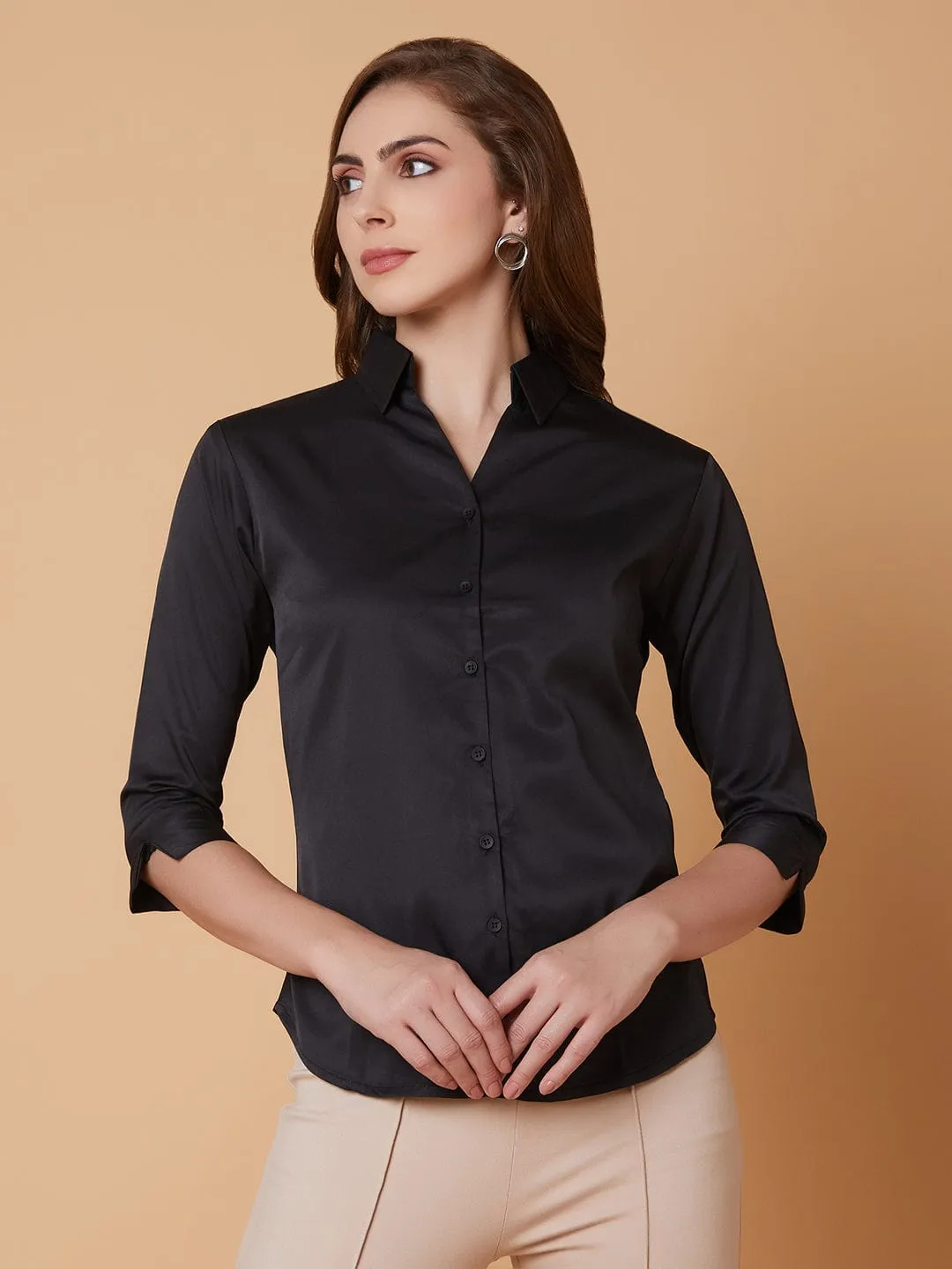 Women's Black Comfort Slim Fit Opaque Casual Shirt Soft Layer