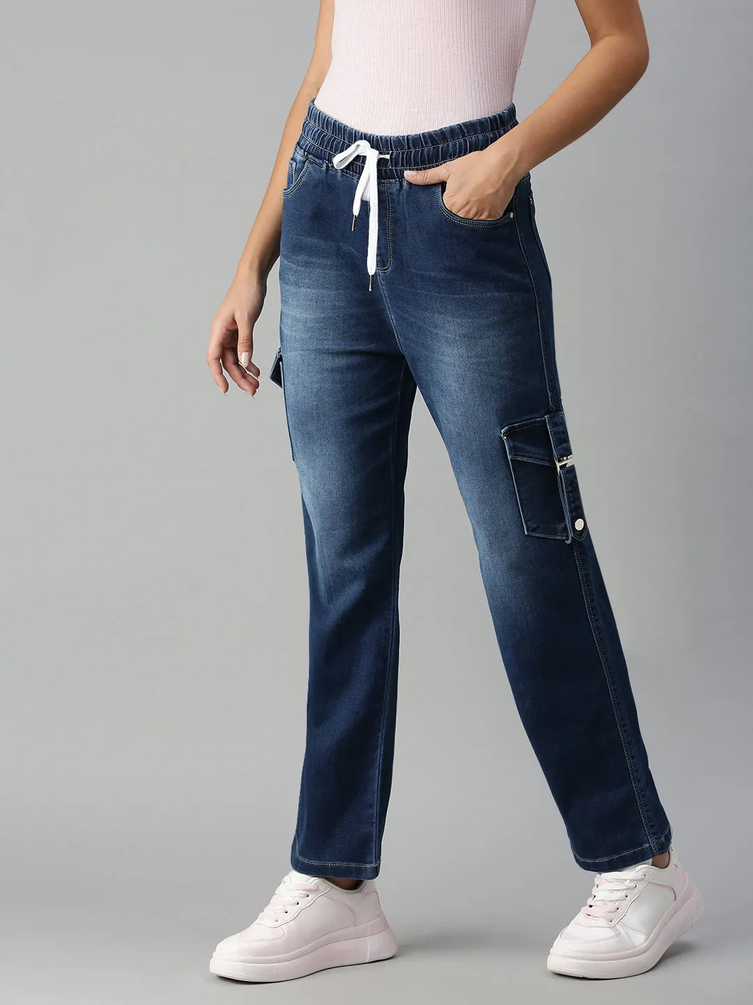 Women's Blue Wide Leg High-Rise Low Distress Heavy Fade Stretchable Jeans Chic Style