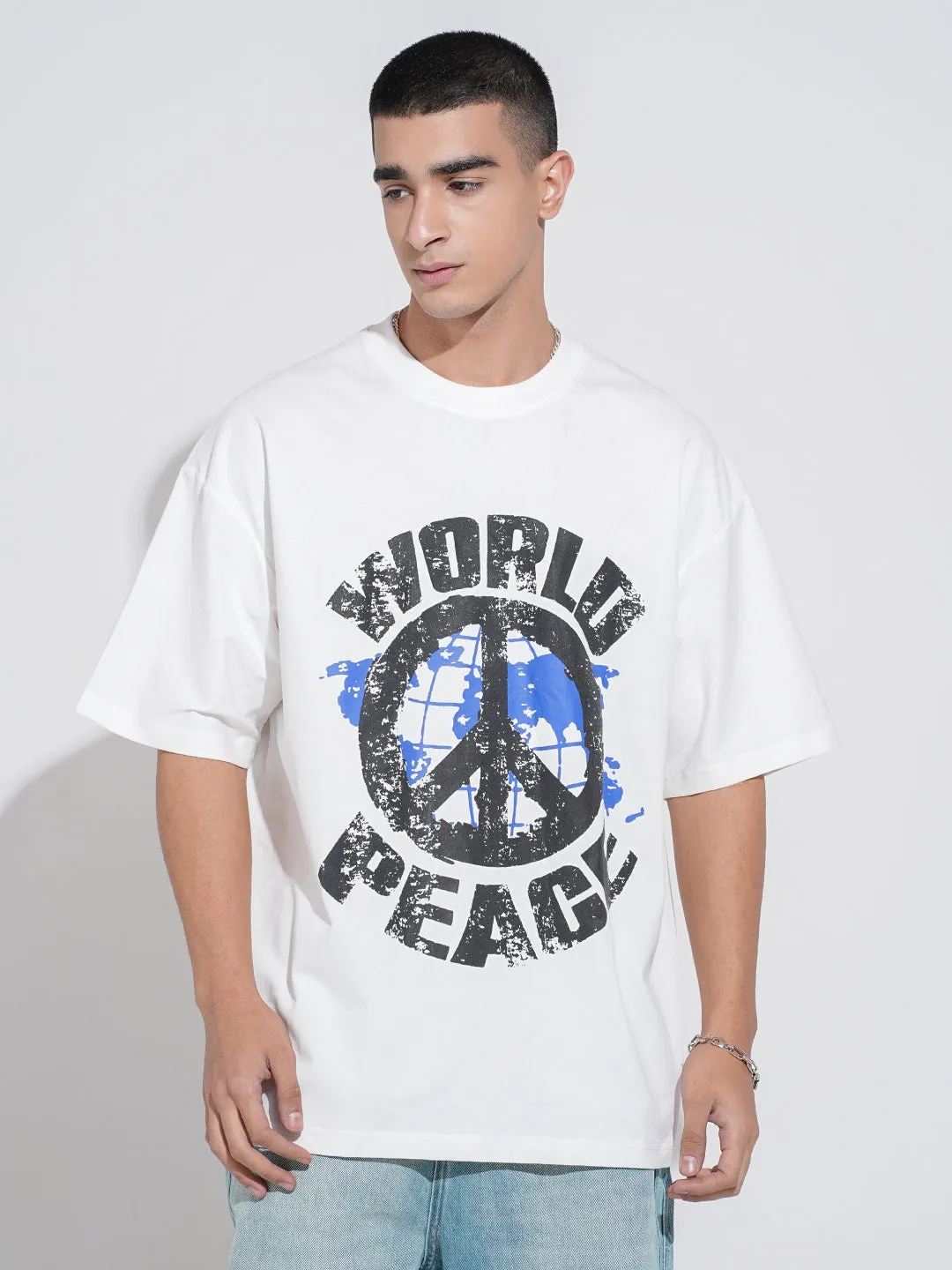 Comfortable And Versatile Men's Graphic Print White Short Sleeves Round Neck Oversized T-Shirt